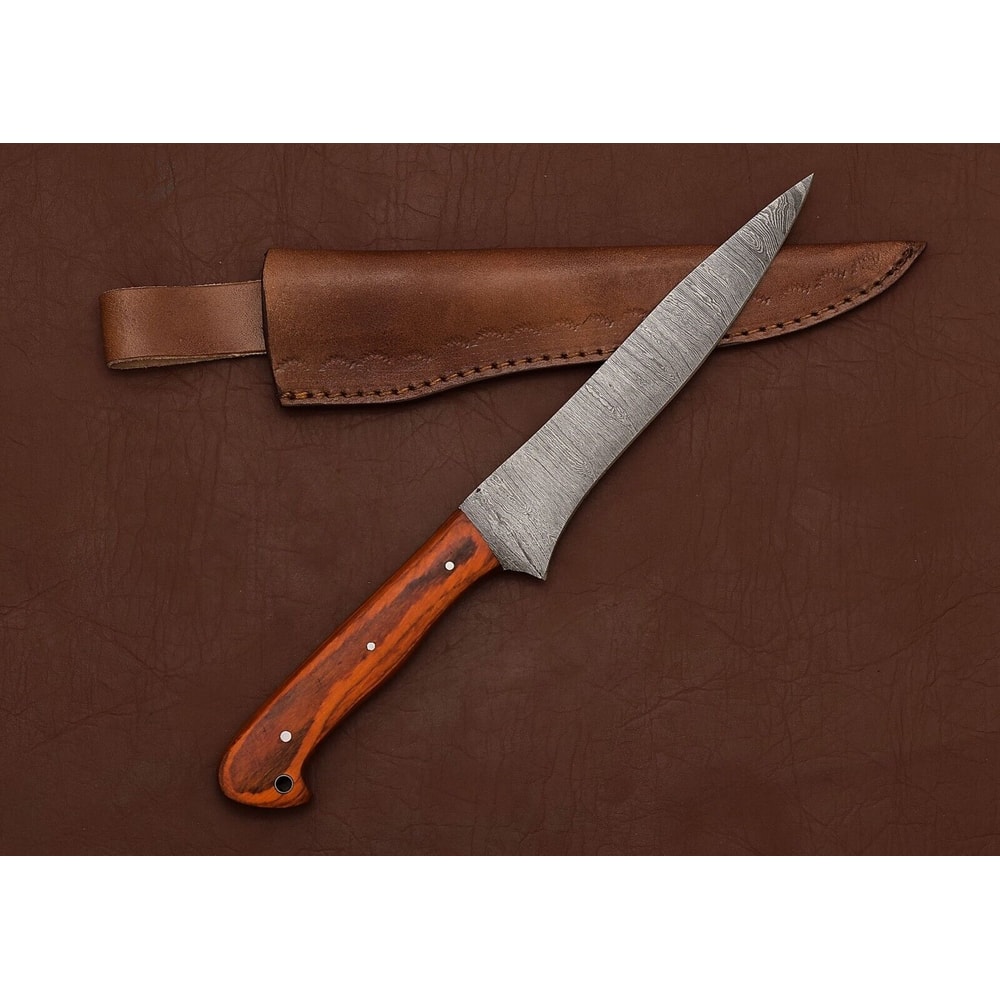 Damascus Elegance HandForged Chef Fillet Knife With Leather Sheath Wood Grip 1