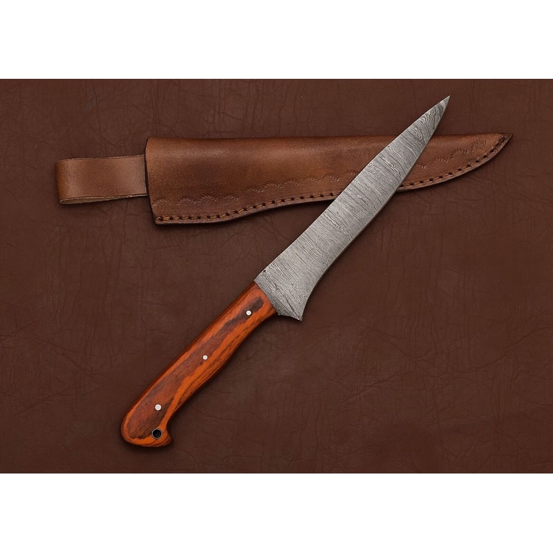 Damascus Elegance HandForged Chef Fillet Knife With Leather Sheath Wood Grip 1
