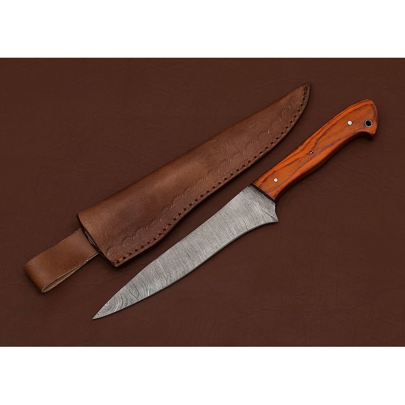 Damascus Elegance HandForged Chef Fillet Knife With Leather Sheath Wood Grip 2