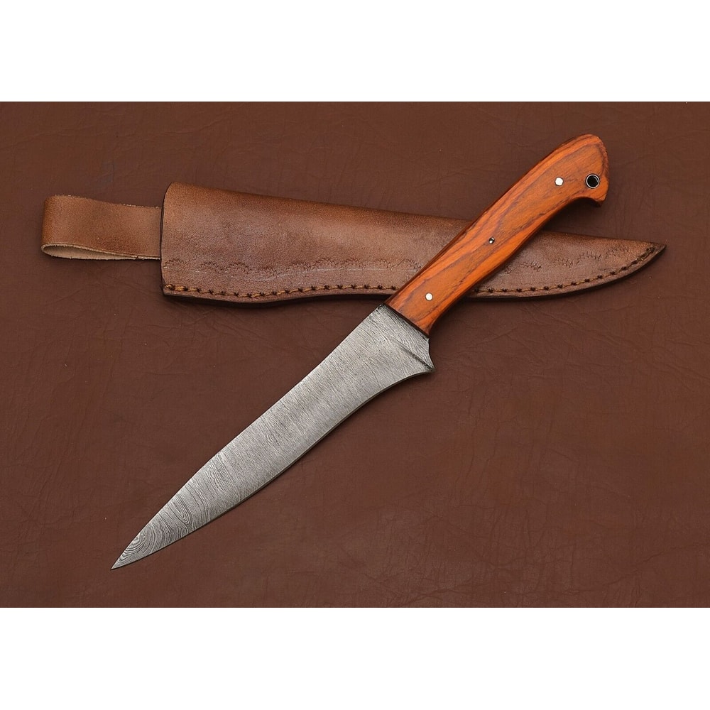 Damascus Elegance HandForged Chef Fillet Knife With Leather Sheath Wood Grip 0