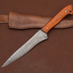 damascus elegance – hand-forged chef fillet knife with leather sheath & wood grip