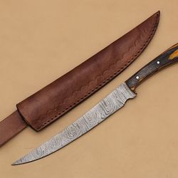 hand-forged damascus chef fillet knife – exquisite wood handle & leather sheath