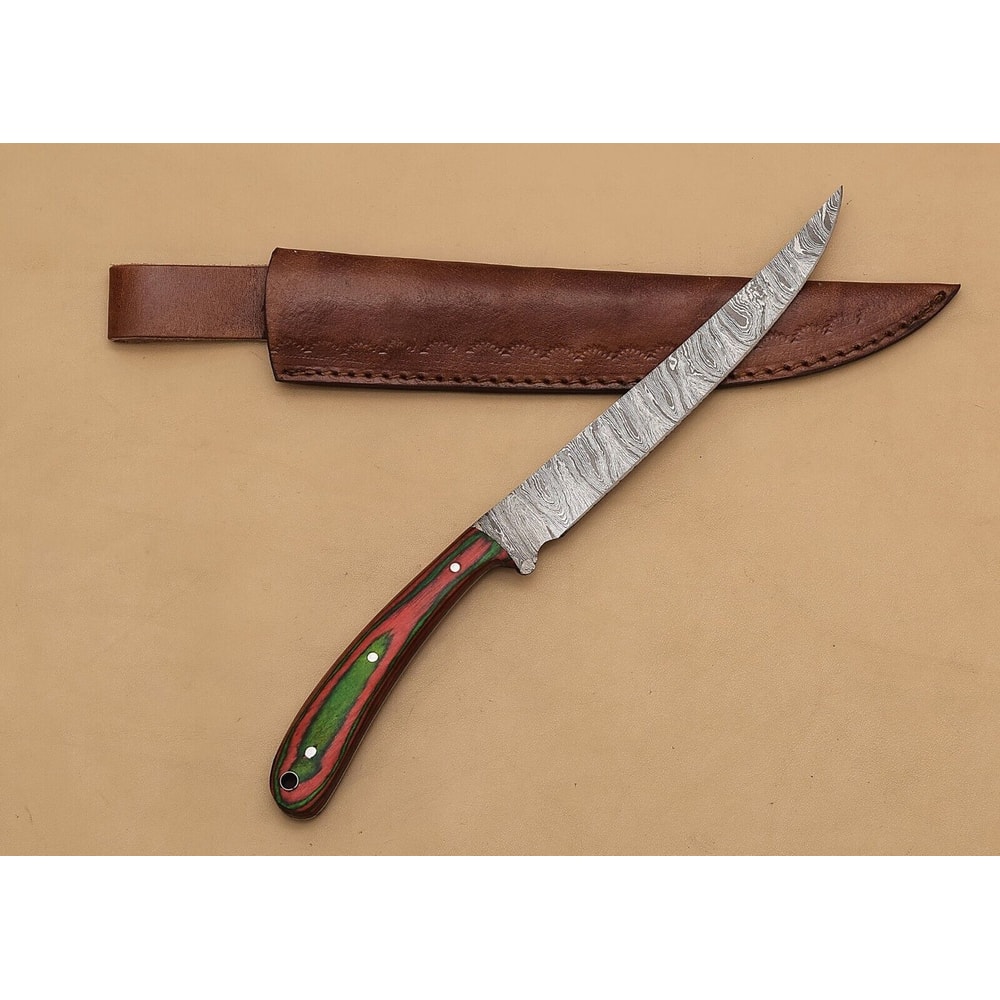 Custom Handmade Damascus Steel Kitchen Chef Fillet Knife With Pakka Wood Handle And Leather Sheath 1