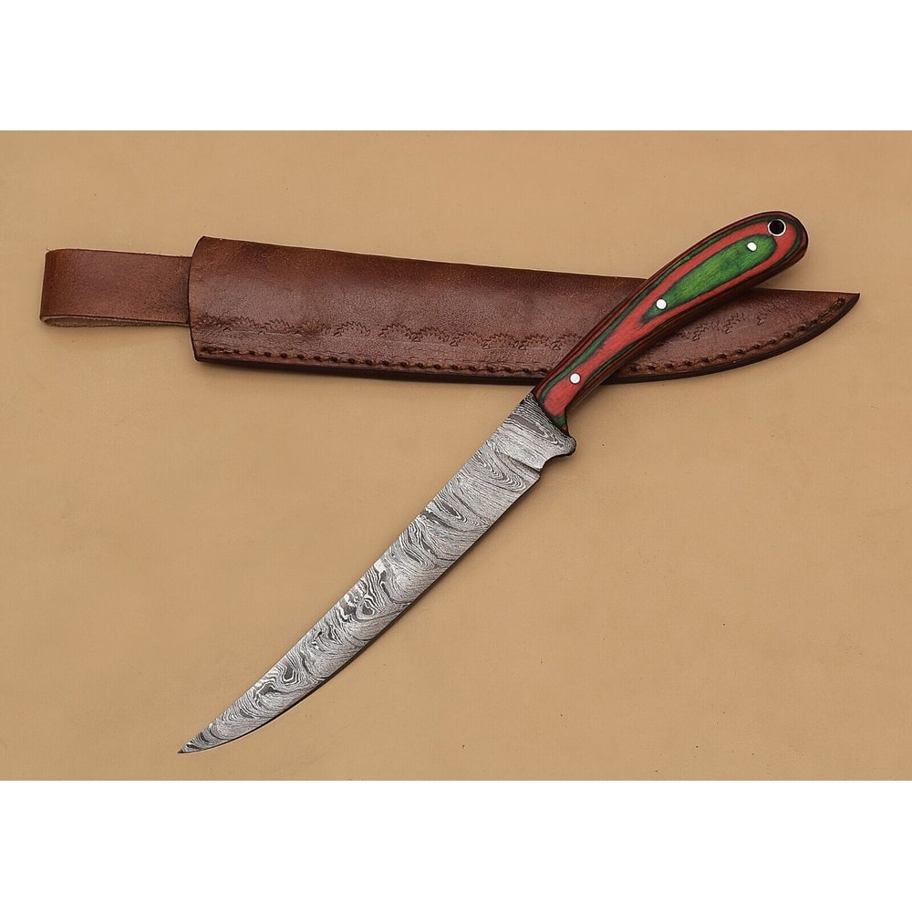Custom Handmade Damascus Steel Kitchen Chef Fillet Knife With Pakka Wood Handle And Leather Sheath 2
