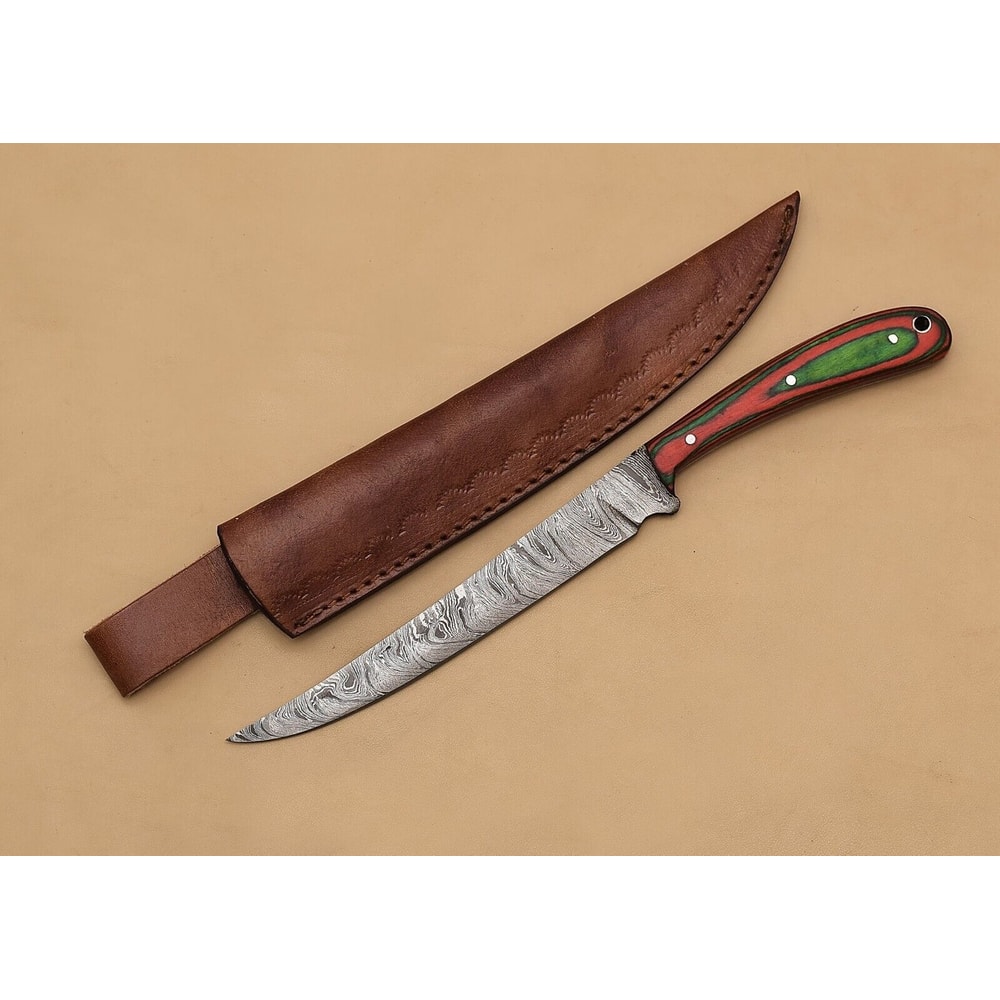 Custom Handmade Damascus Steel Kitchen Chef Fillet Knife With Pakka Wood Handle And Leather Sheath 0