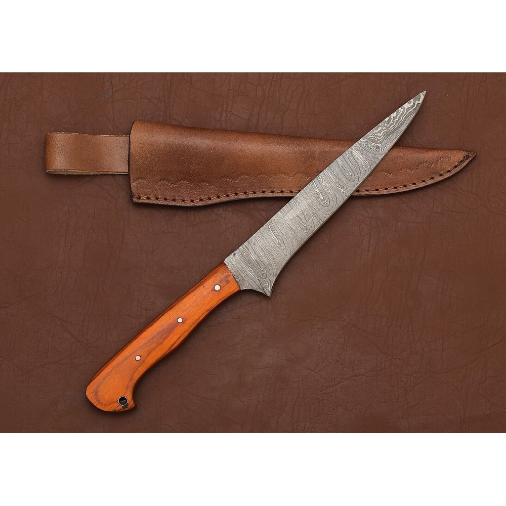 Damascus Steel Chef Knife 13 Handmade Fillet Blade With Leather Sheath 1
