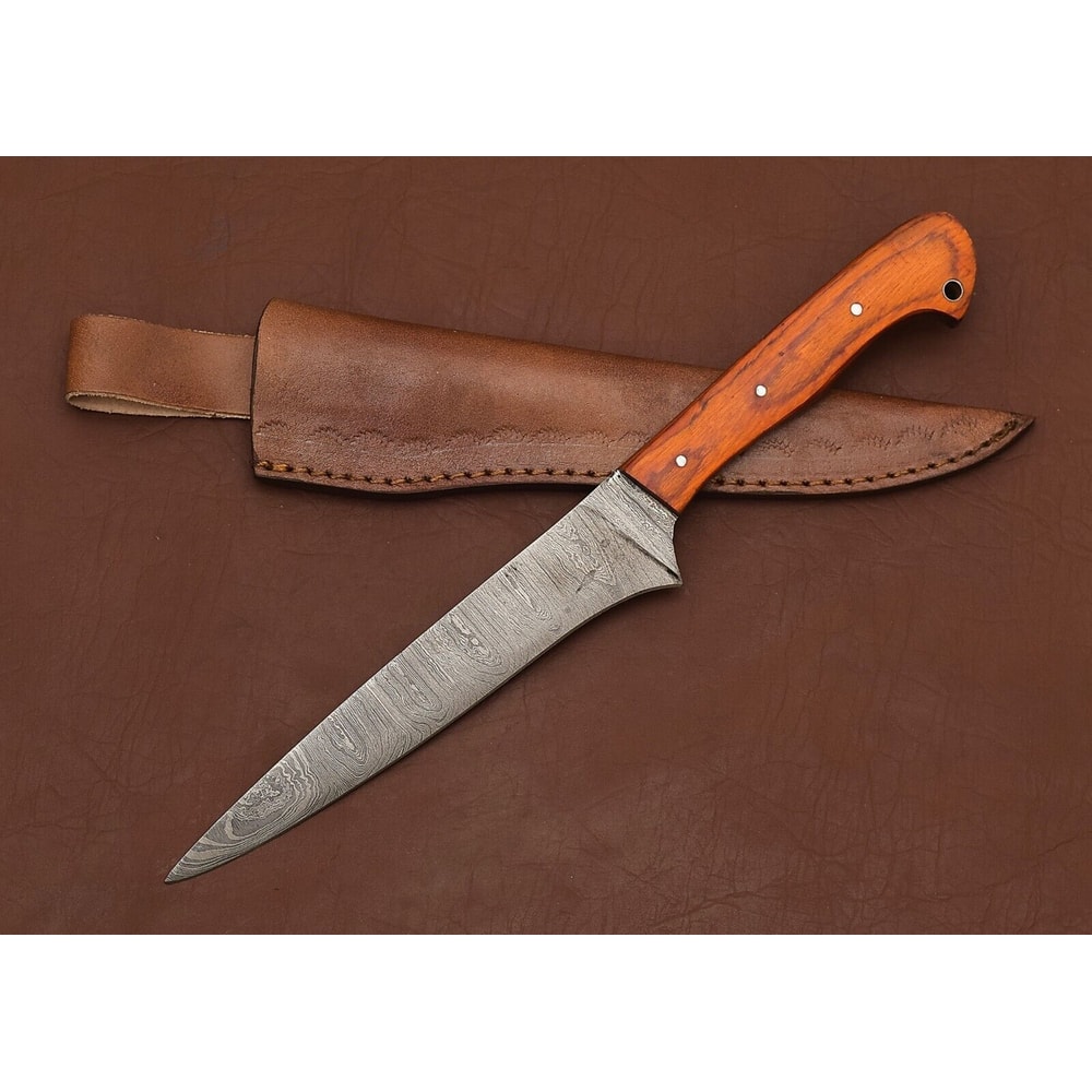 Damascus Steel Chef Knife 13 Handmade Fillet Blade With Leather Sheath 2
