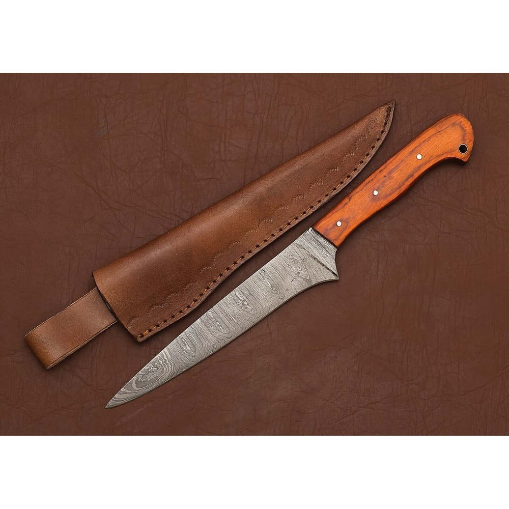 Damascus Steel Chef Knife 13 Handmade Fillet Blade With Leather Sheath 0