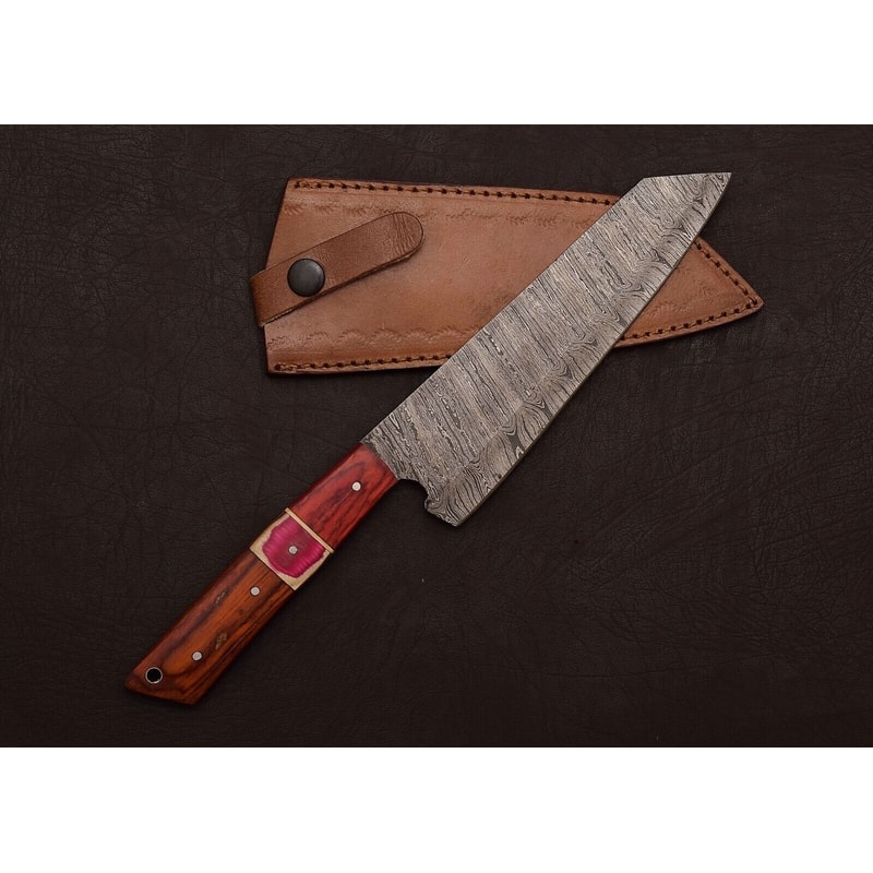 Damascus Steel Hunting Chef Knife Custom 8 Blade With Leather Sheath 1