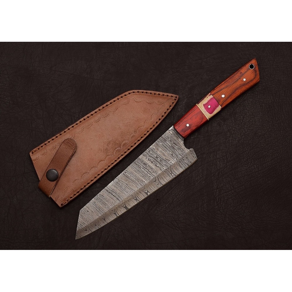 Damascus Steel Hunting Chef Knife Custom 8 Blade With Leather Sheath 0