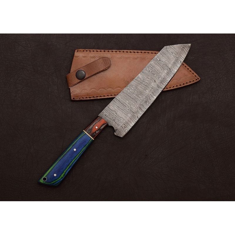 Damascus Steel Kitchen Fillet Knife Custom Handmade With Leather Sheath 1