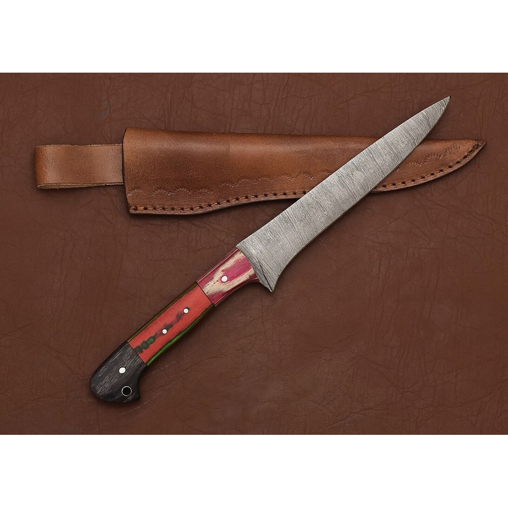 Handmade Damascus Steel Fillet Knife Chef Hunting Knife With Leather Sheath 1