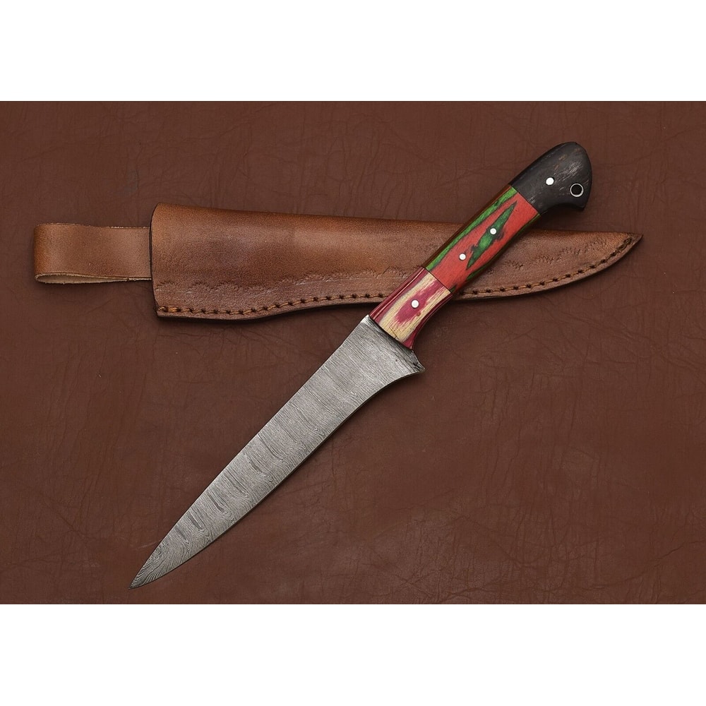 Handmade Damascus Steel Fillet Knife Chef Hunting Knife With Leather Sheath 2