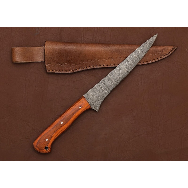 Premium Damascus Steel Chef Fillet Knife Wooden Handle Leather Sheath 1