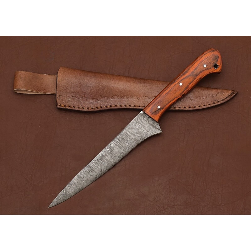 Premium Damascus Steel Chef Fillet Knife Wooden Handle Leather Sheath 2