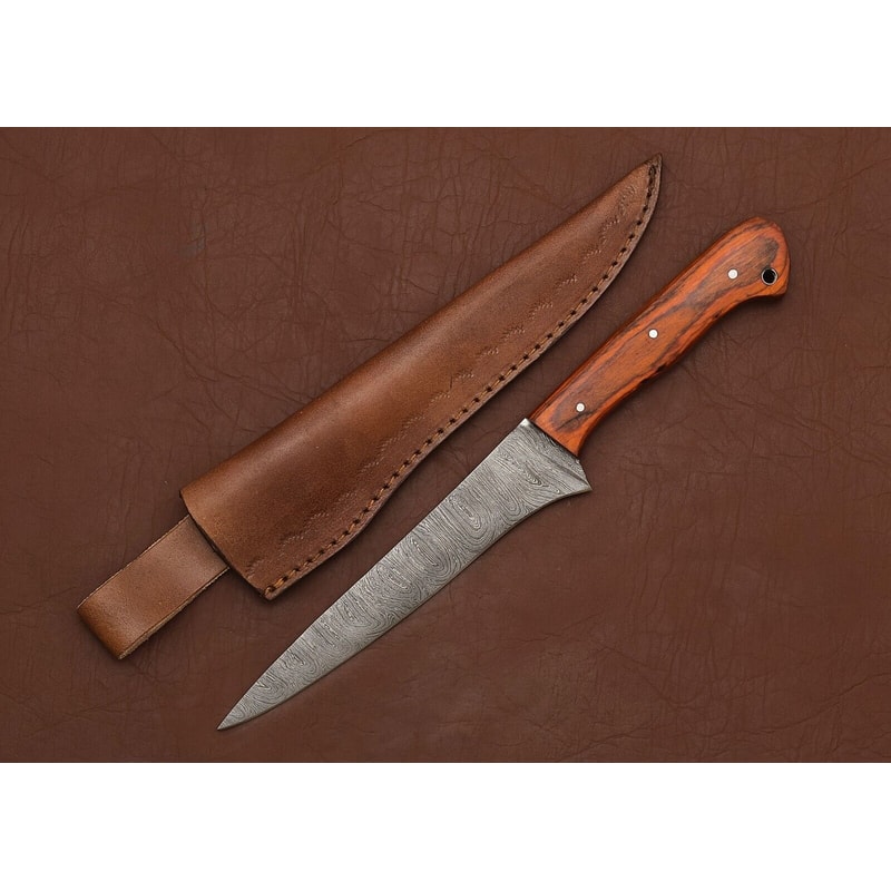 Premium Damascus Steel Chef Fillet Knife Wooden Handle Leather Sheath 0