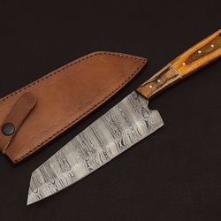 damascus steel precision chef knife – handcrafted fillet blade with leather sheath