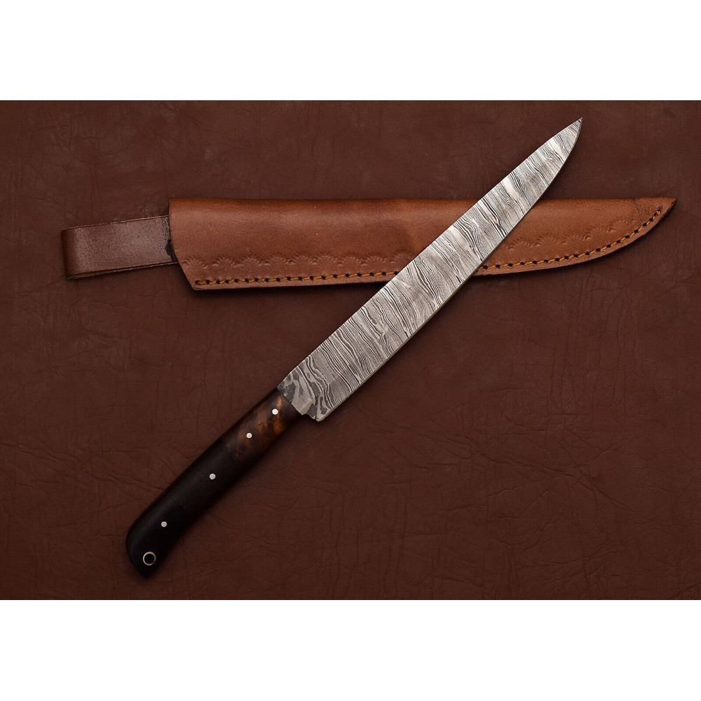 Damascus Steel Bowie Knife Handmade 8 Chef Fillet Knife With Leather Sheath 1