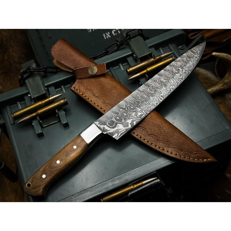 Handmade Damascus Steel Chef Knife With Wood Handle Cow Leather Sheath 3