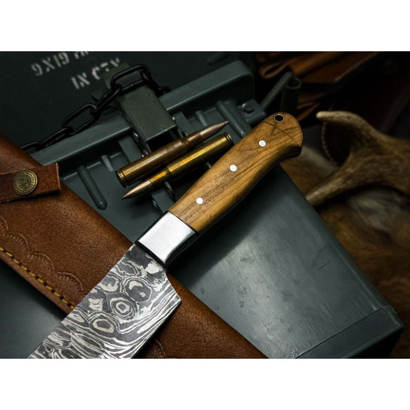 Handmade Damascus Steel Chef Knife With Wood Handle Cow Leather Sheath 1