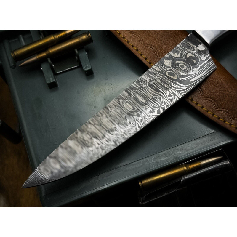 Handmade Damascus Steel Chef Knife With Wood Handle Cow Leather Sheath 2