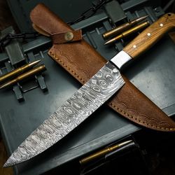 handmade damascus steel chef knife with wood handle & cow leather sheath