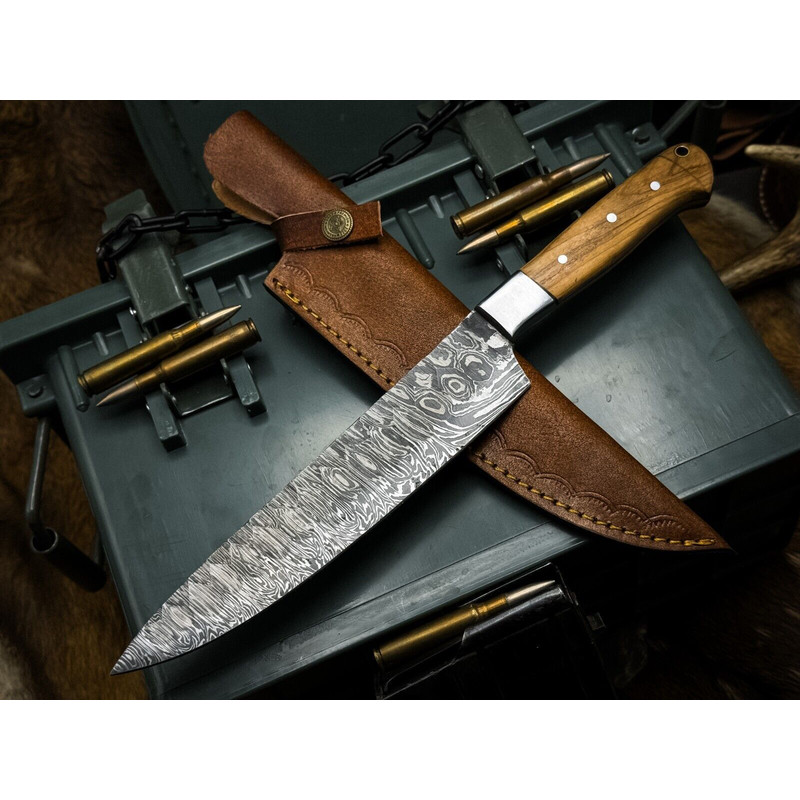 Handmade Damascus Steel Chef Knife With Wood Handle Cow Leather Sheath 0