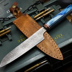 custom forged damascus kitchen knife with wooden handle and leather sheath