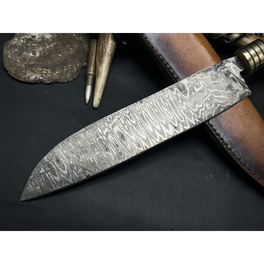 Premium Handmade Damascus Steel Cooking Knife With Wood Grip Cowhide Sheath 2