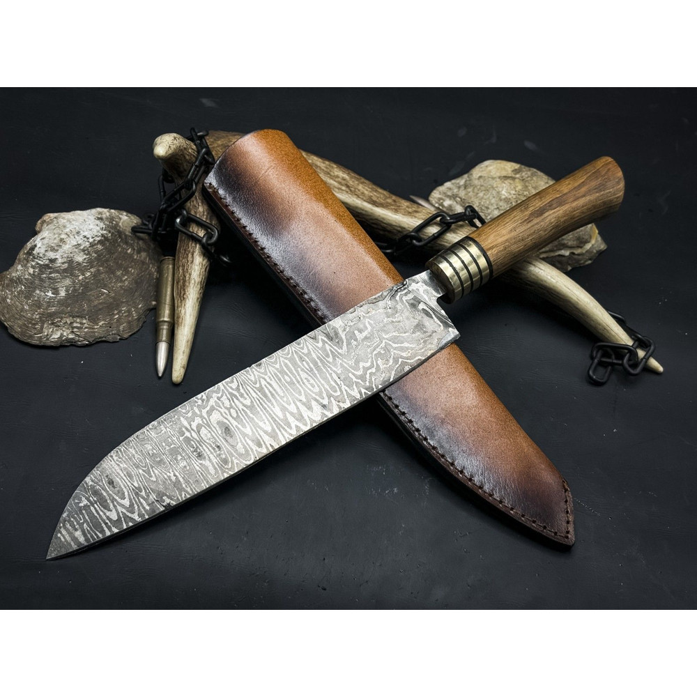 Premium Handmade Damascus Steel Cooking Knife With Wood Grip Cowhide Sheath 0