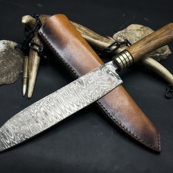 premium handmade damascus steel cooking knife with wood grip & cowhide sheath