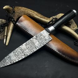 handcrafted damascus steel chef knife with natural wooden handle & sheath