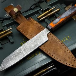 exquisite damascus steel kitchen knife with polished wood handle & leather cover