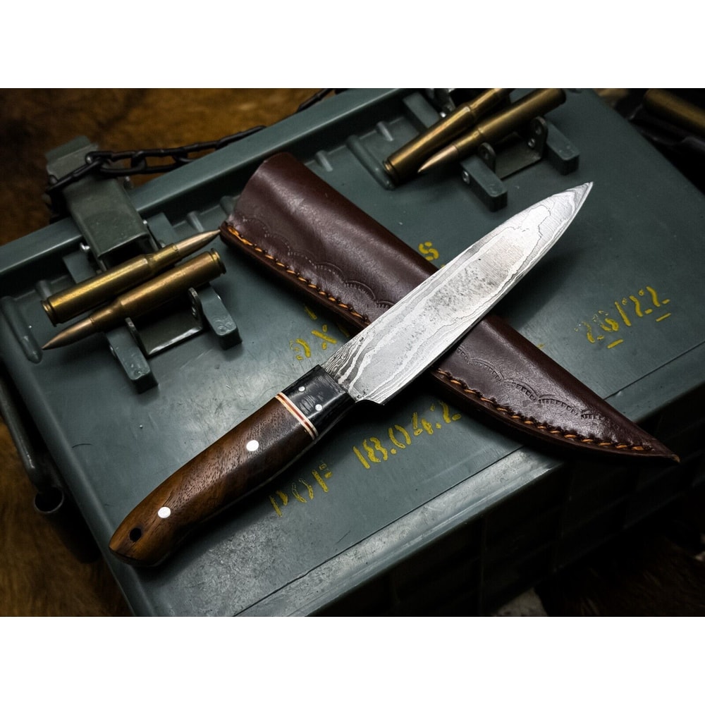 Custom Handmade Damascus Chef Knife With Wood Handle Cow Leather Case 1