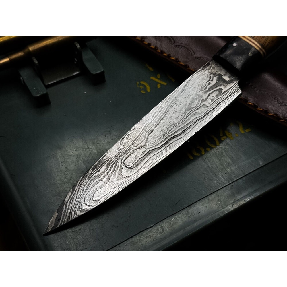 Custom Handmade Damascus Chef Knife With Wood Handle Cow Leather Case 3