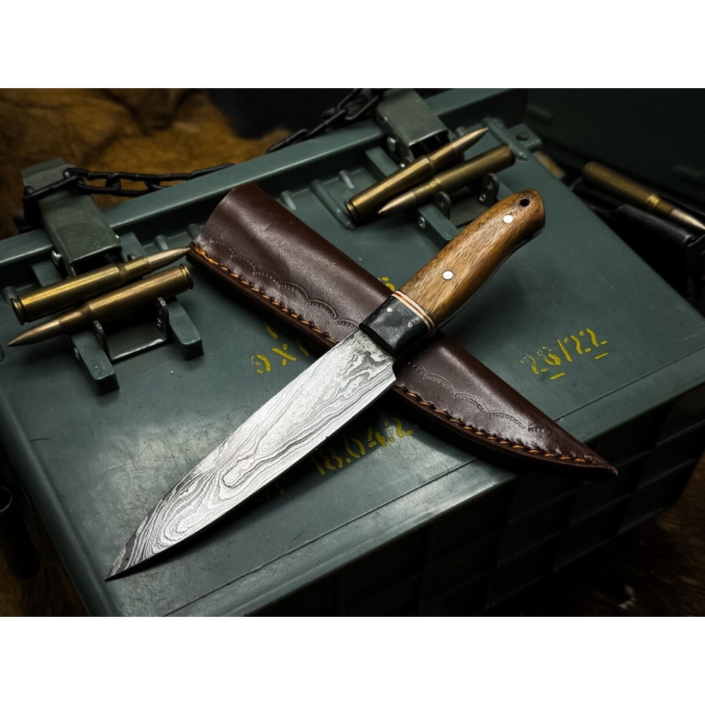 Custom Handmade Damascus Chef Knife With Wood Handle Cow Leather Case 0