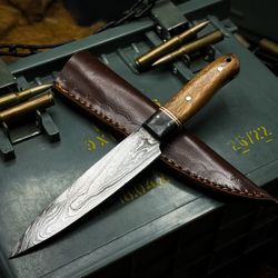 custom handmade damascus chef knife with wood handle & cow leather case