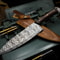 Damascus Steel Full Tang Kitchen Knife With Wooden Handle Leather Sheath 0