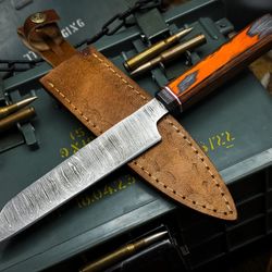 professional handmade damascus chef knife with wood handle & cowhide sheath