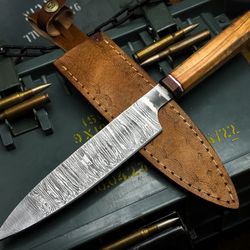 artisan damascus steel knife – wooden handle with original cow leather sheath