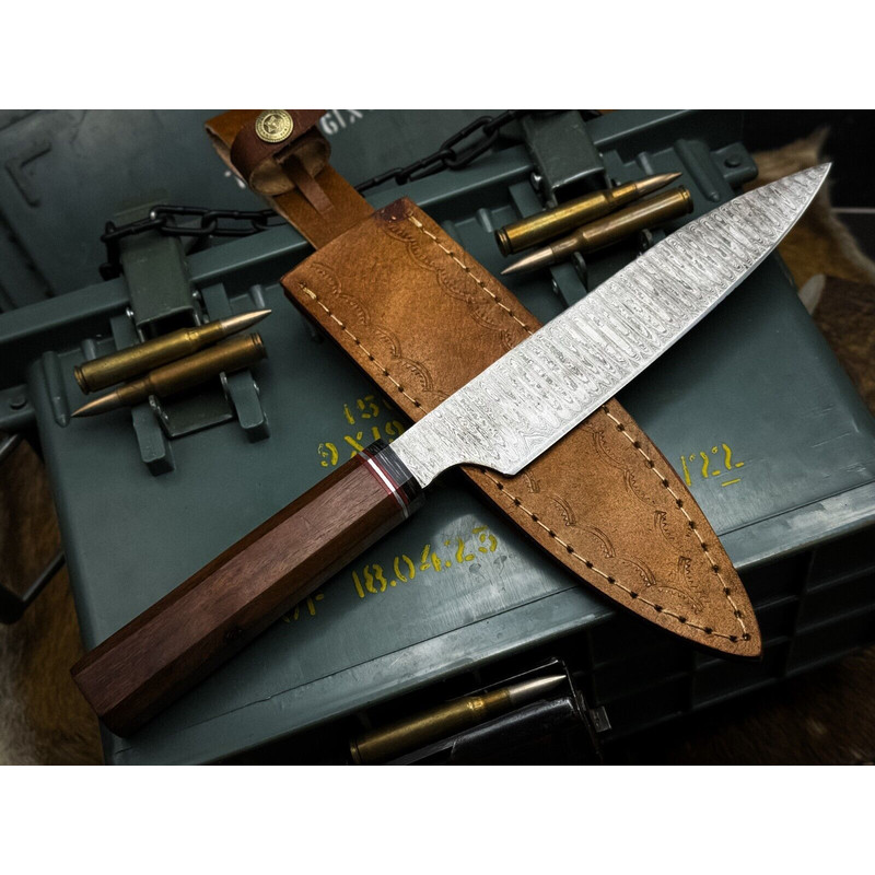 HandForged Damascus Steel Chef Knife With Wooden Handle  Leather Protector 1