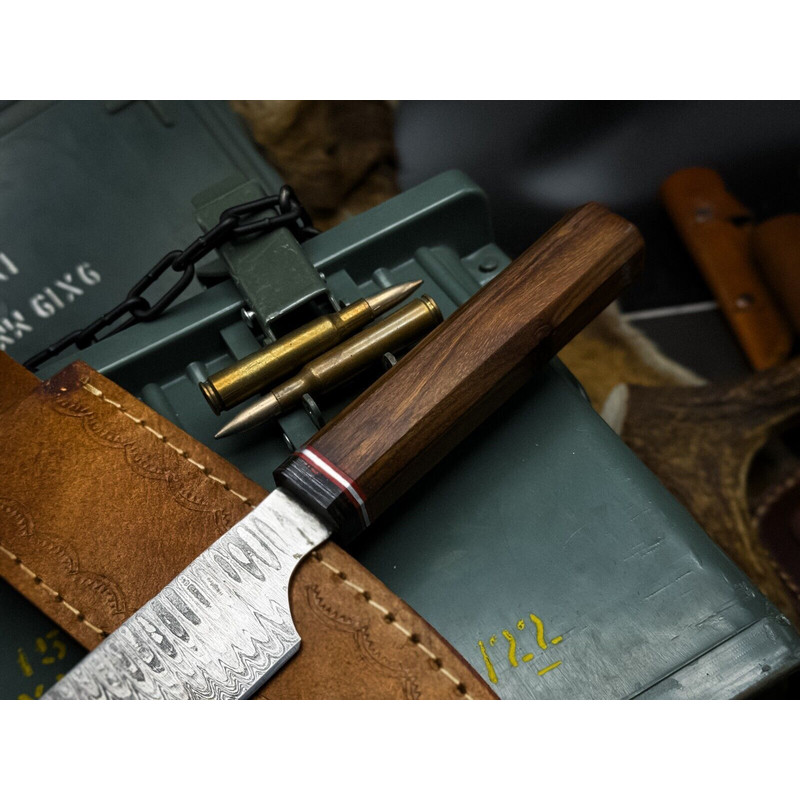 HandForged Damascus Steel Chef Knife With Wooden Handle  Leather Protector 2