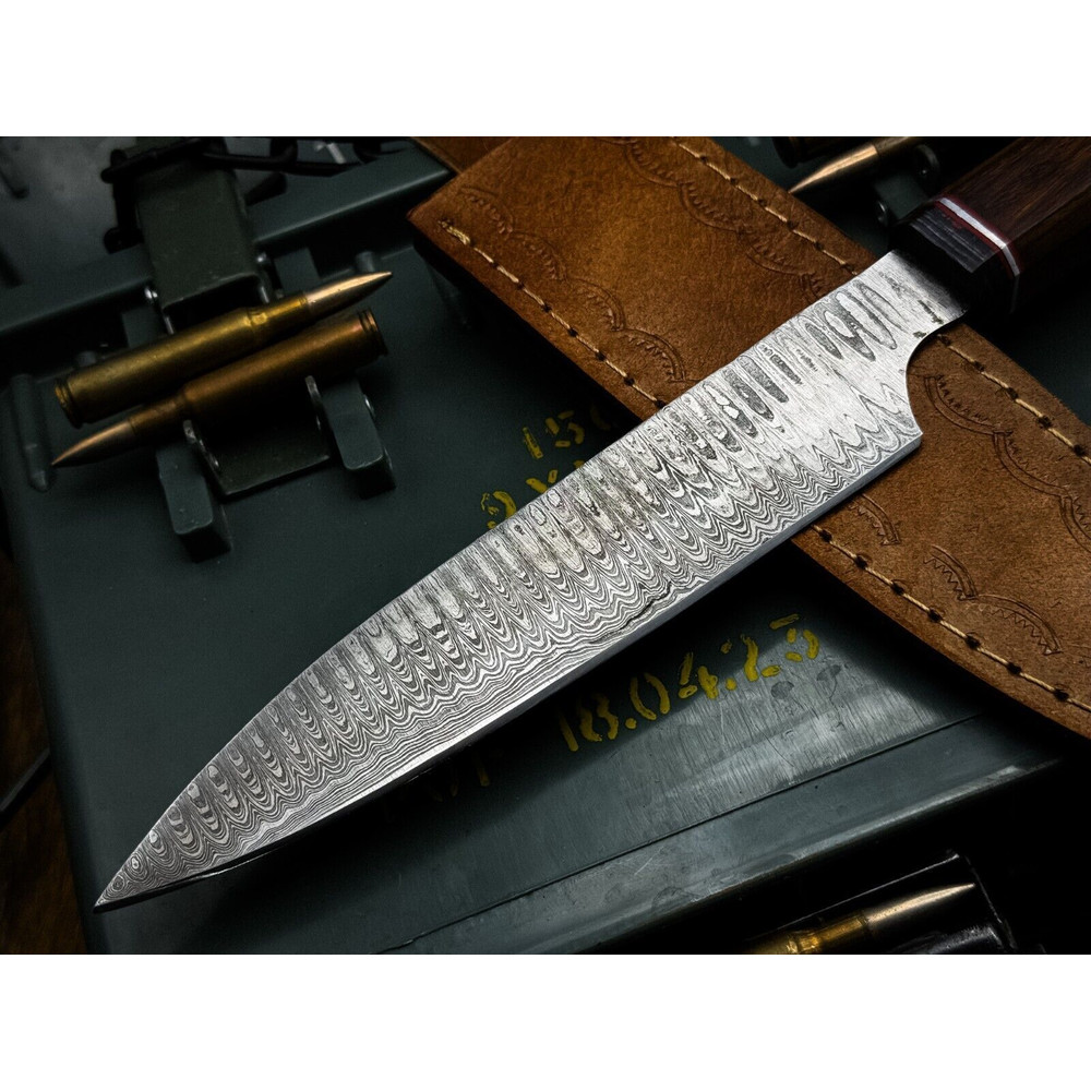 HandForged Damascus Steel Chef Knife With Wooden Handle  Leather Protector 3