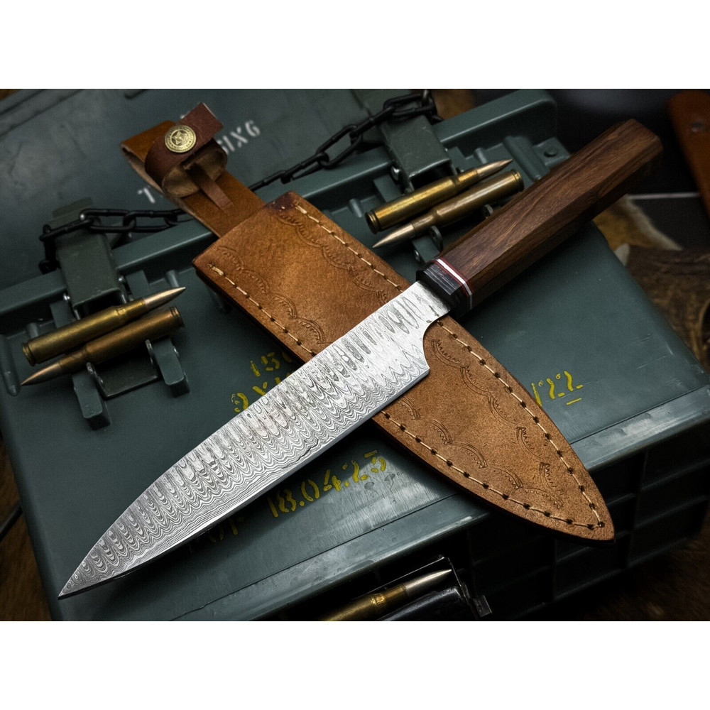 HandForged Damascus Steel Chef Knife With Wooden Handle  Leather Protector 0