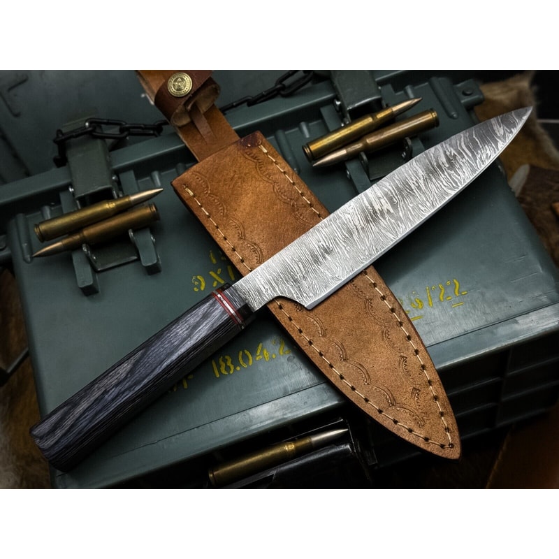 Custom Handmade Damascus Cooking Knife Wooden Handle Leather Sheath 1