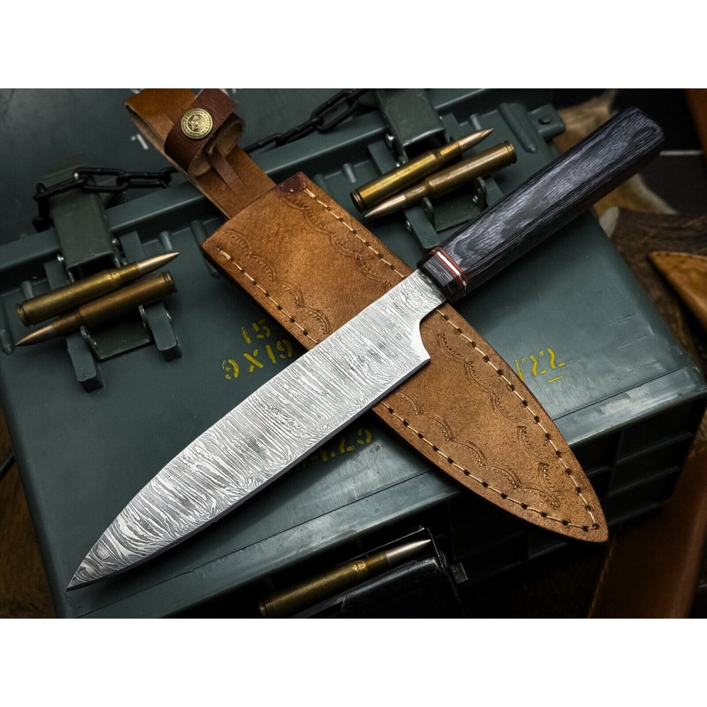 Custom Handmade Damascus Cooking Knife Wooden Handle Leather Sheath 0