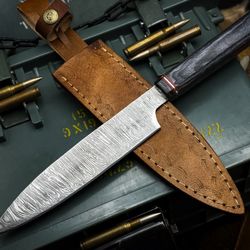 custom handmade damascus cooking knife – wooden handle & leather sheath
