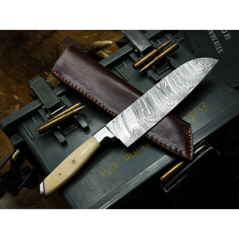 Handmade Damascus Steel Hunting Kitchen Chef Knife With Bone Handle And Leather Sheath 1