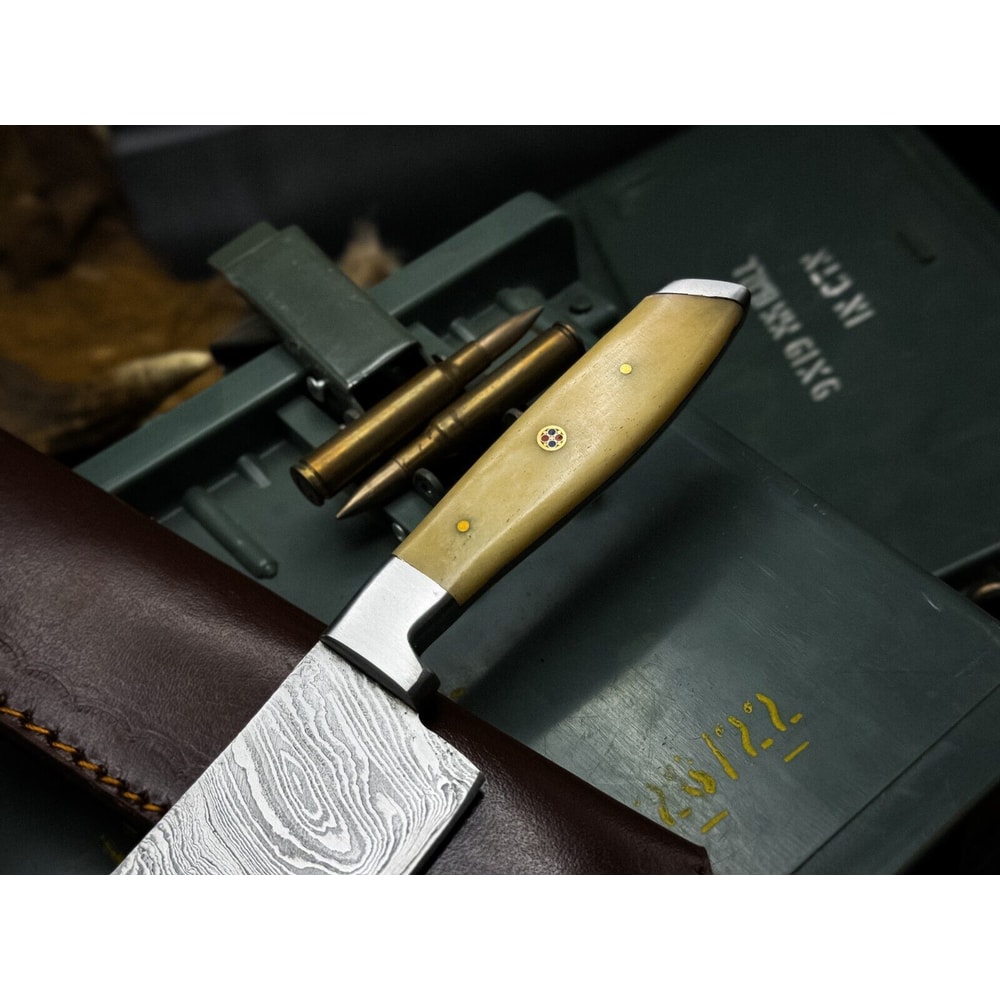 Handmade Damascus Steel Hunting Kitchen Chef Knife With Bone Handle And Leather Sheath 2