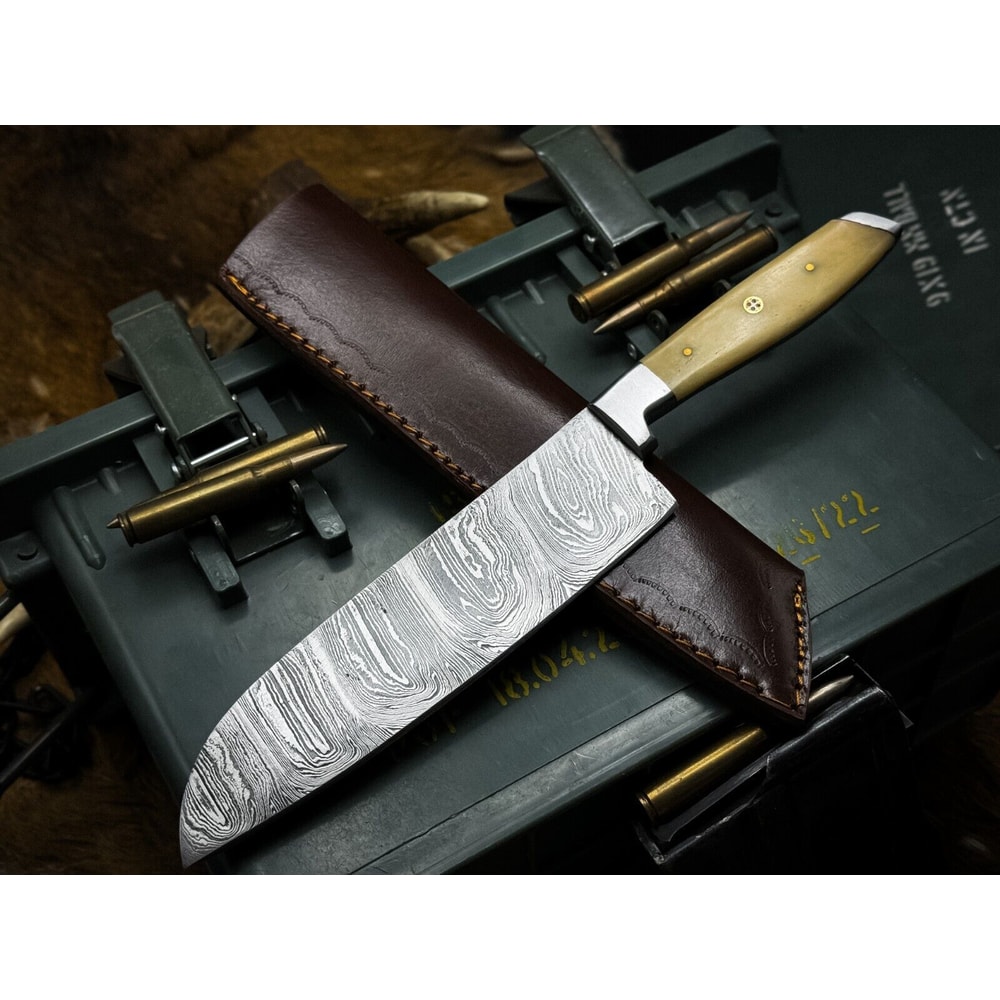 Handmade Damascus Steel Hunting Kitchen Chef Knife With Bone Handle And Leather Sheath 0